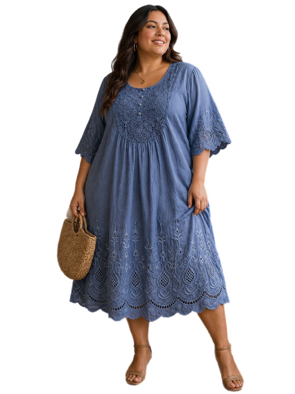 NWT Y2K does 70s Vintage Roamanโs Embroidered Cotton Midi Dress (Blue) Size 18W